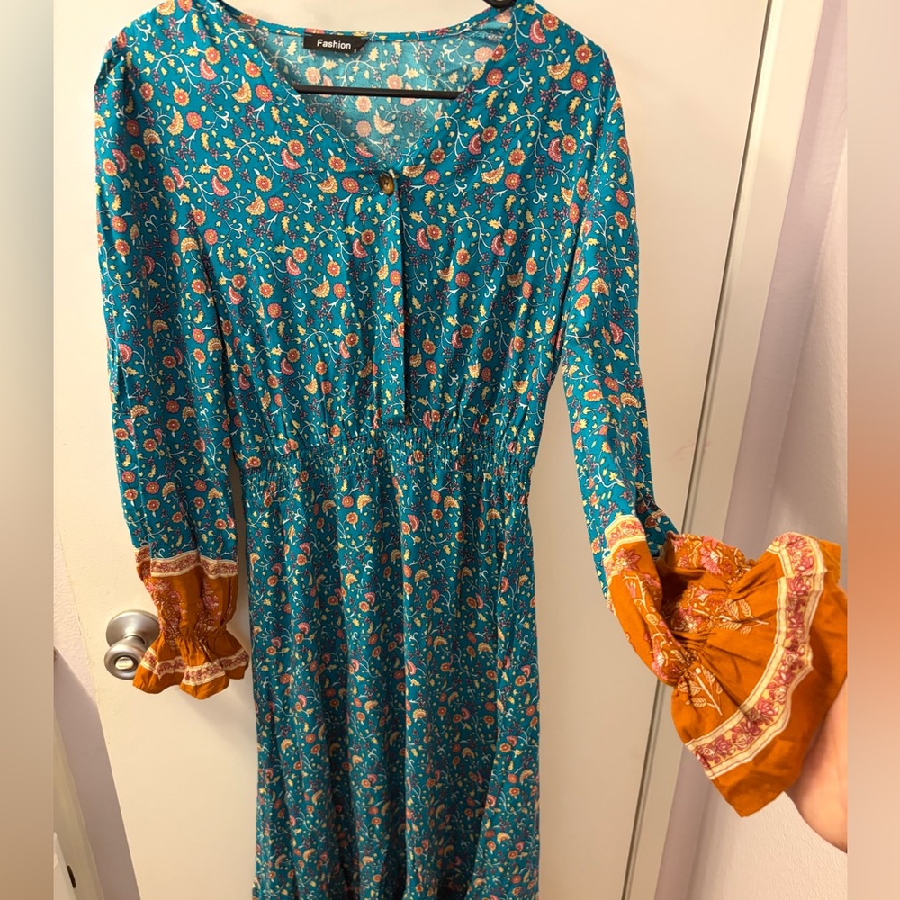 Boho Teal and Rust Floral Maxi Dress - Women-See Images! Slightly different. - Picture 3 of 7